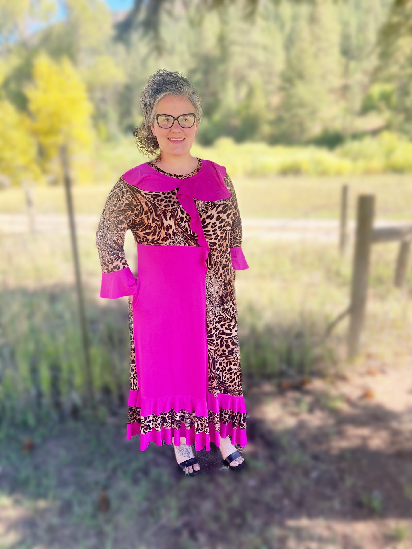 Pink cheetah single ruffle dress - Plus Size