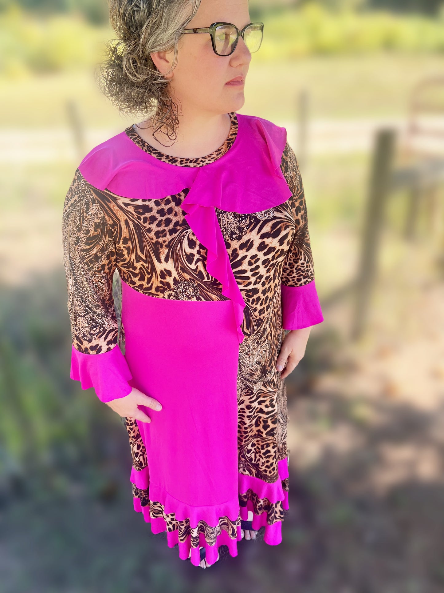 Pink cheetah single ruffle dress - Plus Size