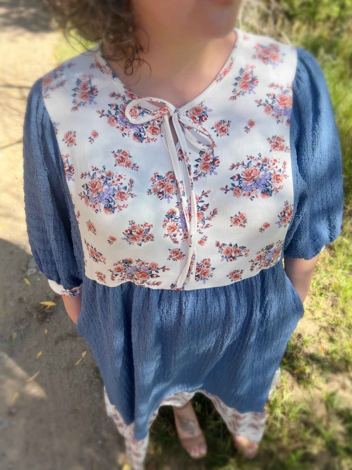 Textured blue dolman sleeved dress - Plus Size