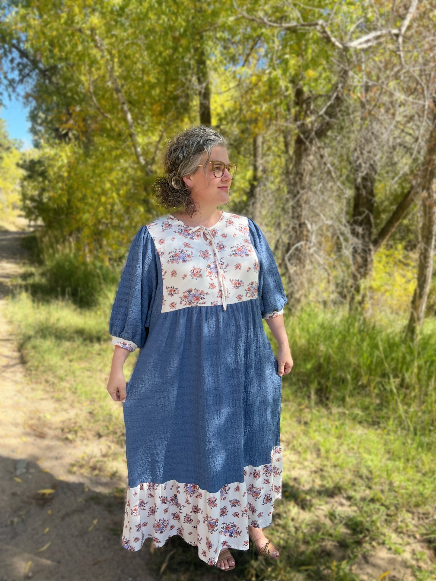Textured blue dolman sleeved dress - Plus Size