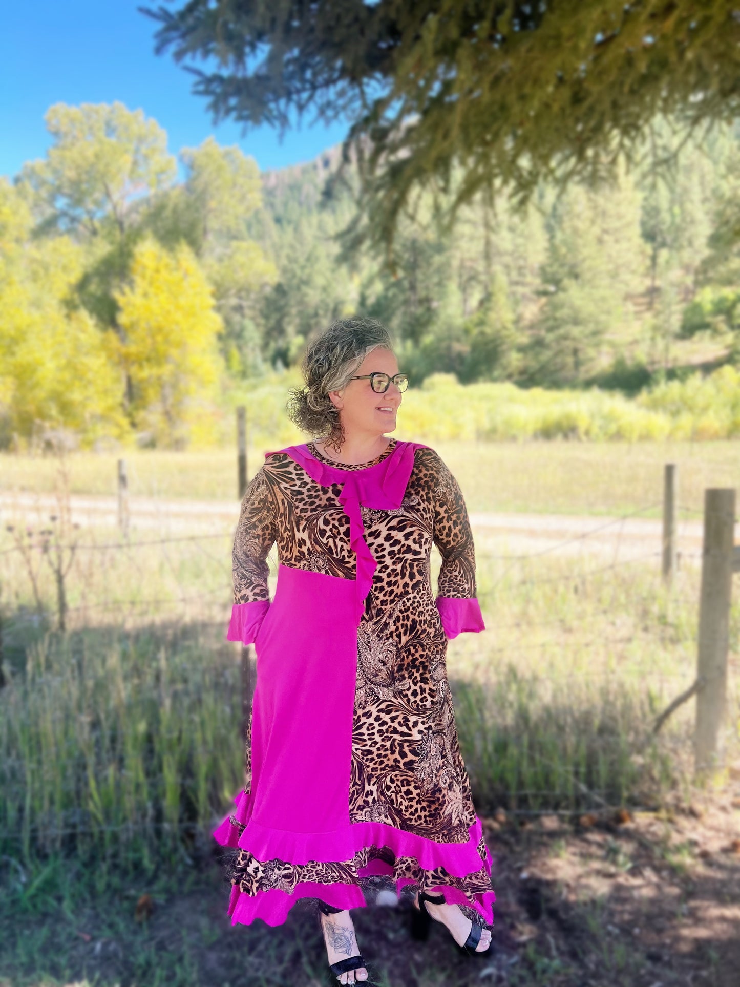 Pink cheetah single ruffle dress - Plus Size