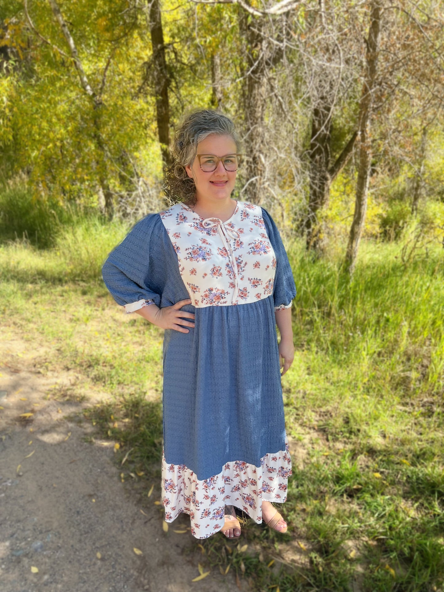 Textured blue dolman sleeved dress - Plus Size