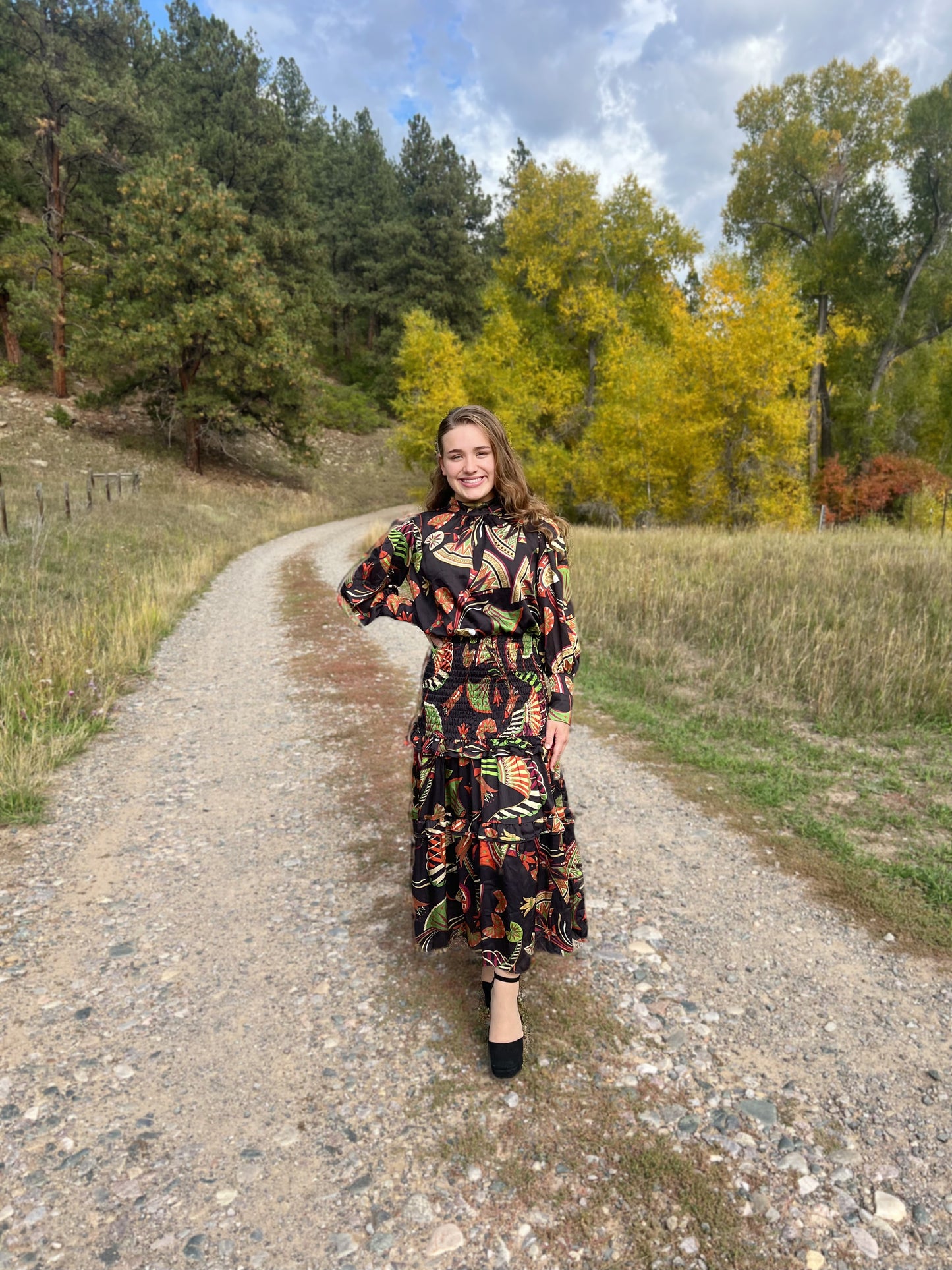 Long Sleeve Smock Tiered Floral Print -maxi dress