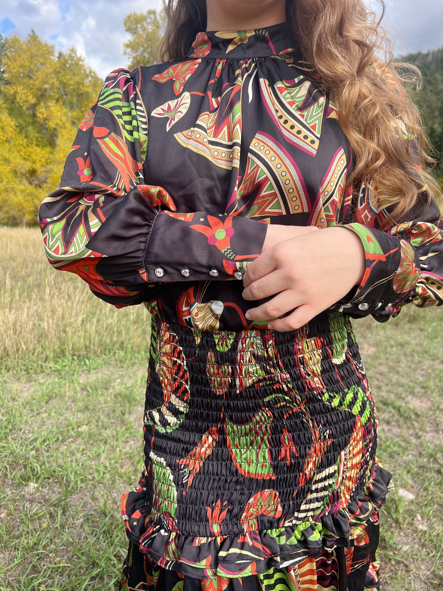 Long Sleeve Smock Tiered Floral Print -maxi dress