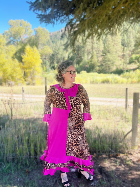 Pink cheetah single ruffle dress - Plus Size