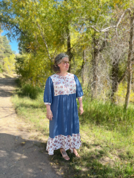 Textured blue dolman sleeved dress - Plus Size