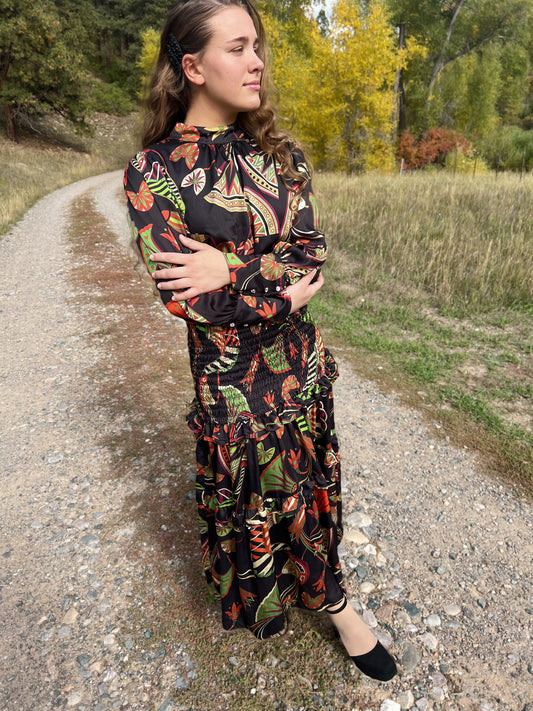 Long Sleeve Smock Tiered Floral Print -maxi dress